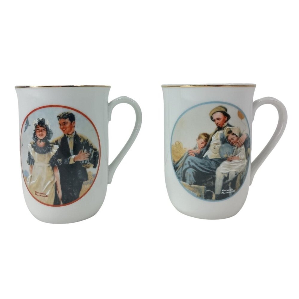 Imm Porcelain Gold Trim Coffee Mugs Norman Rockwell Lot Of 2 Vintage